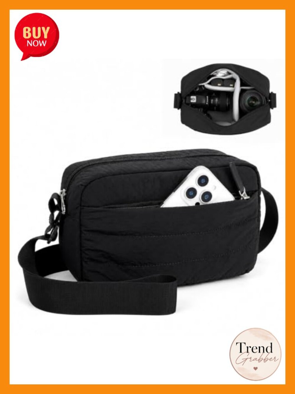 Compact Puffer Camera Crossbody Bag Nylon Adjustable Strap